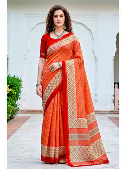 Sangam Prints - Orange Cotton Blend Woven Zari Saree with Unstitched Blouse
