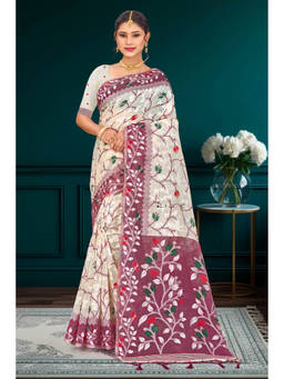 Sangam Prints - Purple Cotton Blend Woven Zari Saree with Unstitched Blouse