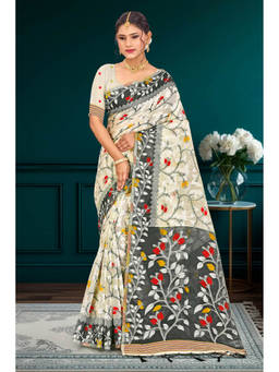 Sangam Prints - Gray Cotton Blend Woven Zari Saree with Unstitched Blouse