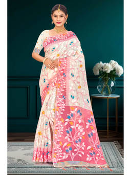 Sangam Prints - Pink Cotton Blend Woven Zari Saree with Unstitched Blouse