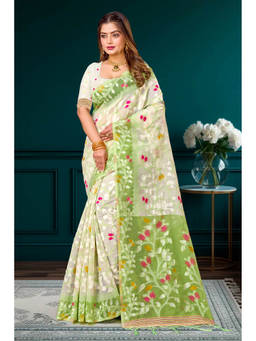 Sangam Prints - Green Cotton Blend Woven Zari Saree with Unstitched Blouse