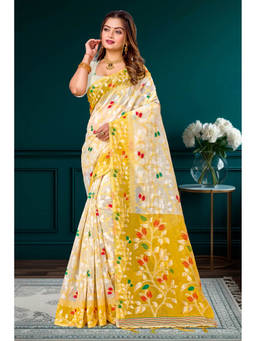 Sangam Prints - Yellow Cotton Blend Woven Zari Saree with Unstitched Blouse