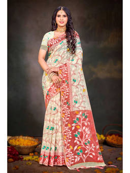 Sangam Prints - Off White Cotton Blend Woven Zari Saree with Unstitched Blouse