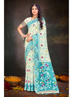 Sangam Prints - Beige Cotton Blend Woven Zari Saree with Unstitched Blouse