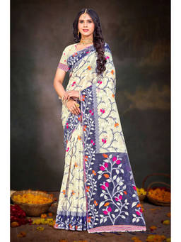 Sangam Prints - Off White Cotton Blend Woven Zari Saree with Unstitched Blouse