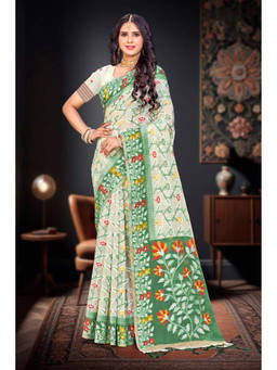 Sangam Prints - Green Cotton Blend Woven Zari Saree with Unstitched Blouse
