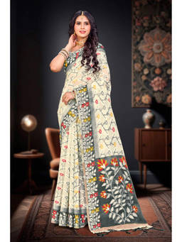 Sangam Prints - Gray Cotton Blend Woven Zari Saree with Unstitched Blouse