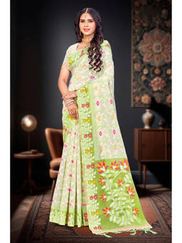 Sangam Prints - Green Cotton Blend Woven Zari Saree with Unstitched Blouse