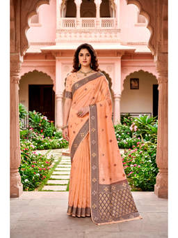 Sangam Prints - Peach Cotton Blend Woven Zari Saree with Unstitched Blouse