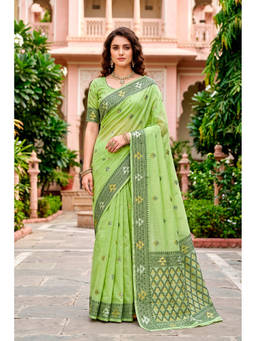 Sangam Prints - Green Cotton Blend Woven Zari Saree with Unstitched Blouse