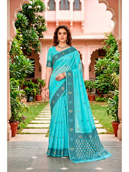 Sangam Prints - Teal Cotton Blend Woven Zari Saree with Unstitched Blouse