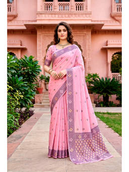 Sangam Prints - Pink Cotton Blend Woven Zari Saree with Unstitched Blouse