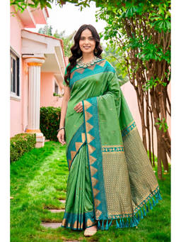 Sangam Prints - Green Silk Woven Zari Saree with Unstitched Blouse