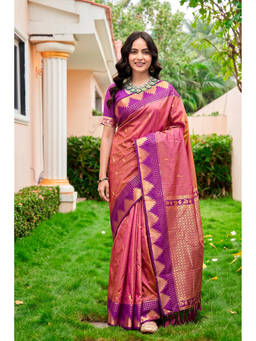 Sangam Prints - Pink Silk Woven Zari Saree with Unstitched Blouse