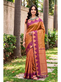 Sangam Prints - Brown Silk Woven Zari Saree with Unstitched Blouse