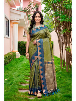 Sangam Prints - Olive Silk Woven Zari Saree with Unstitched Blouse