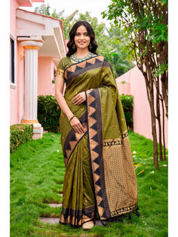 Sangam Prints - Green Silk Woven Zari Saree with Unstitched Blouse