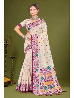 Sangam Prints - Purple Cotton Blend Woven Zari Saree with Unstitched Blouse