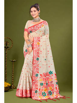 Sangam Prints - Red Cotton Blend Woven Zari Saree with Unstitched Blouse