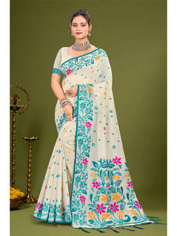 Sangam Prints - Beige Cotton Blend Woven Zari Saree with Unstitched Blouse