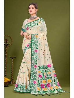 Sangam Prints - Green Cotton Blend Woven Zari Saree with Unstitched Blouse
