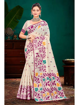 Sangam Prints - Purple Cotton Blend Woven Zari Saree with Unstitched Blouse