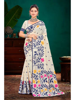 Sangam Prints - Navy Blue Cotton Blend Woven Zari Saree with Unstitched Blouse