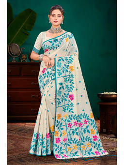 Sangam Prints - Beige Cotton Blend Woven Zari Saree with Unstitched Blouse