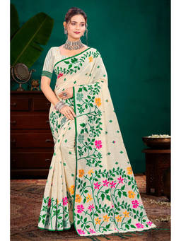 Sangam Prints - Beige Cotton Blend Woven Zari Saree with Unstitched Blouse