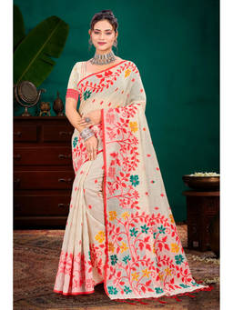 Sangam Prints - Red Cotton Blend Woven Zari Saree with Unstitched Blouse