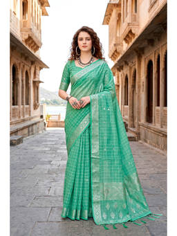 Sangam Prints - Turqoise Cotton Blend Woven Zari Saree with Unstitched Blouse