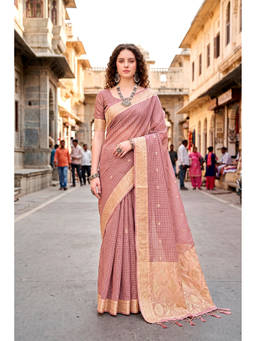 Sangam Prints - Pink Cotton Blend Woven Zari Saree with Unstitched Blouse