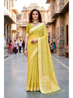 Sangam Prints - Green Cotton Blend Woven Zari Saree with Unstitched Blouse