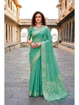 Sangam Prints - Teal Cotton Blend Woven Zari Saree with Unstitched Blouse