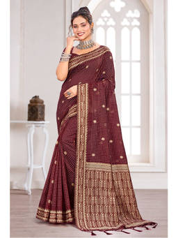 Sangam Prints - Maroon Cotton Blend Woven Zari Saree with Unstitched Blouse