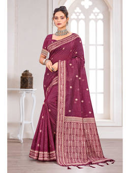 Sangam Prints - Magenta Cotton Blend Woven Zari Saree with Unstitched Blouse