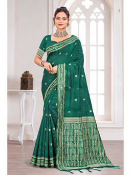 Sangam Prints - Turqoise Cotton Blend Woven Zari Saree with Unstitched Blouse