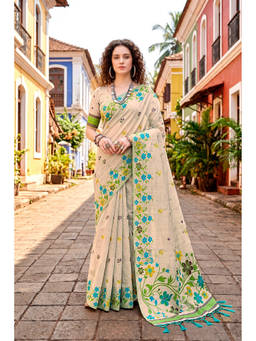 Sangam Prints - Beige Cotton Blend Woven Zari Saree with Unstitched Blouse