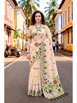 Sangam Prints - Off White Cotton Blend Woven Zari Saree with Unstitched Blouse
