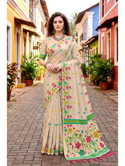 Sangam Prints - Beige Cotton Blend Woven Zari Saree with Unstitched Blouse