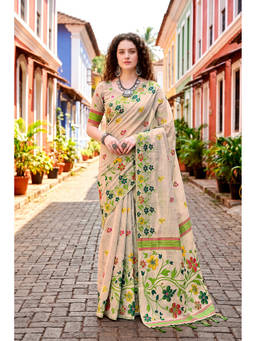 Sangam Prints - Beige Cotton Blend Woven Zari Saree with Unstitched Blouse