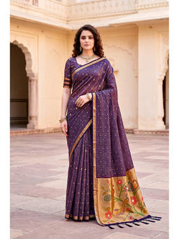 Sangam Prints - Purple Cotton Blend Woven Zari Saree with Unstitched Blouse