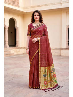 Sangam Prints - Maroon Cotton Blend Woven Zari Saree with Unstitched Blouse
