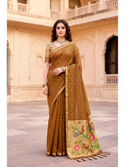 Sangam Prints - Mustard Brown Cotton Blend Woven Zari Saree with Unstitched Blouse