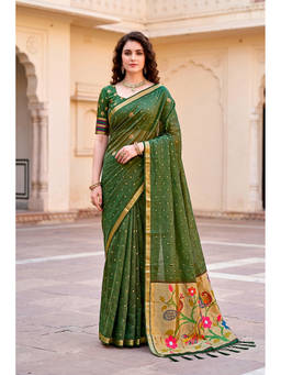 Sangam Prints - Olive Cotton Blend Woven Zari Saree with Unstitched Blouse