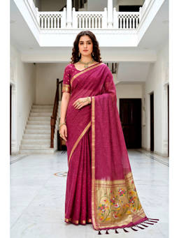 Sangam Prints - Magenta Cotton Blend Woven Zari Saree with Unstitched Blouse