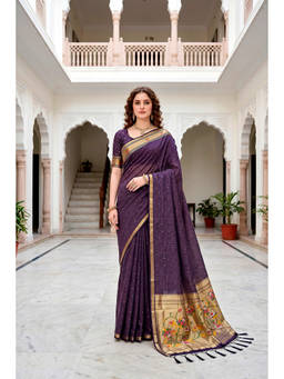 Sangam Prints - Purple Cotton Blend Woven Zari Saree with Unstitched Blouse