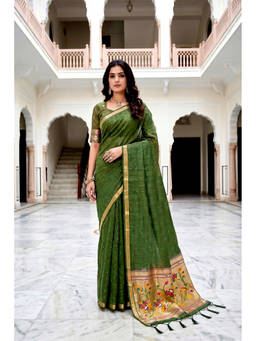 Sangam Prints - Olive Cotton Blend Woven Zari Saree with Unstitched Blouse