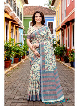 Sangam Prints - Beige Cotton Blend Woven Zari Saree with Unstitched Blouse