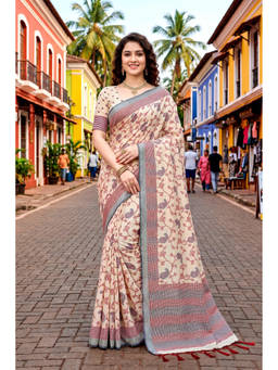 Sangam Prints - Beige Cotton Blend Woven Zari Saree with Unstitched Blouse